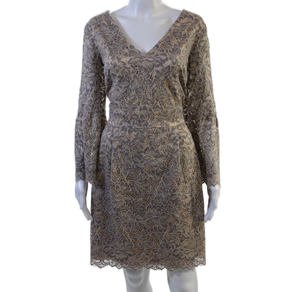 Eliza J Women Plus Sheath Dress Beige V-Neck Long Sleeve Size 18